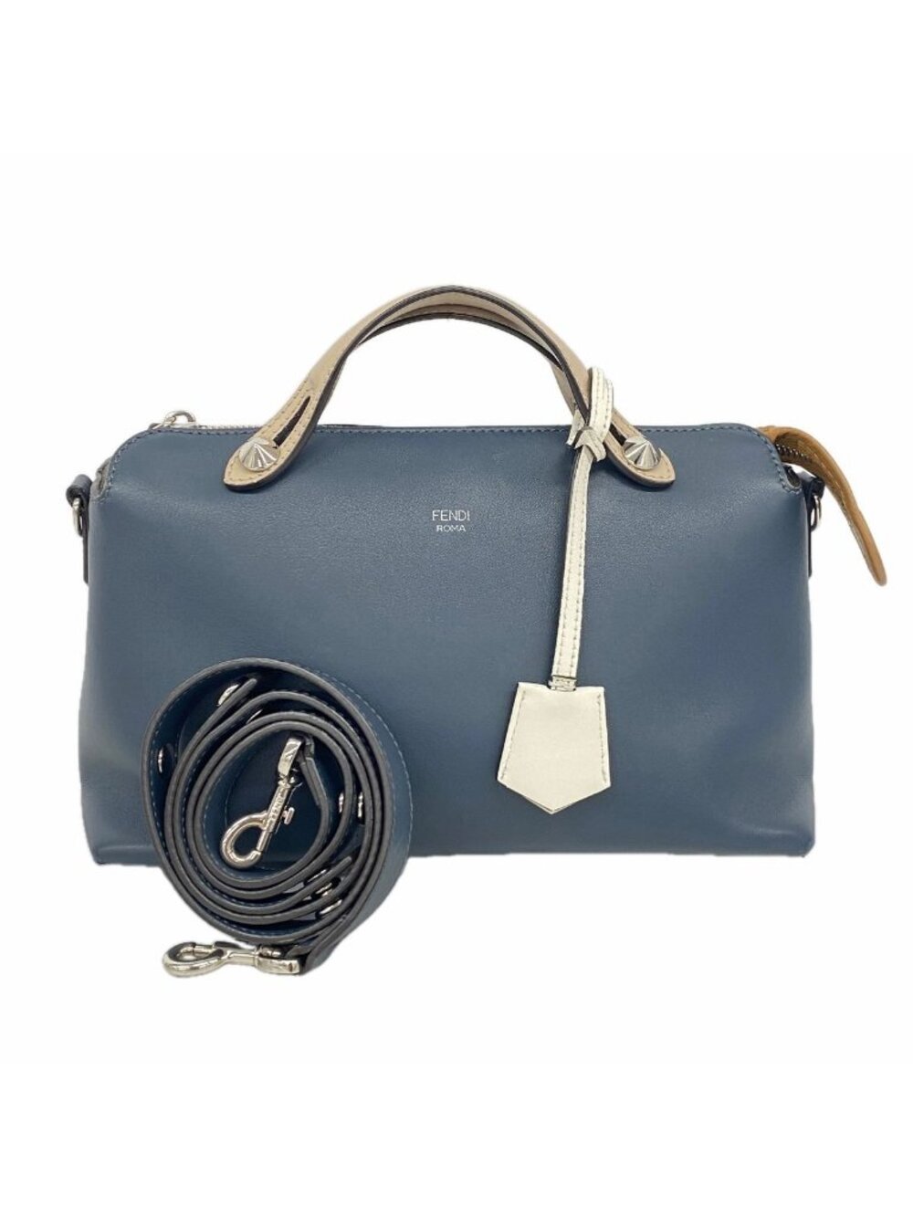 Fendi Handbag by the Way Leather Navy Brown Silver 2-Way Bag